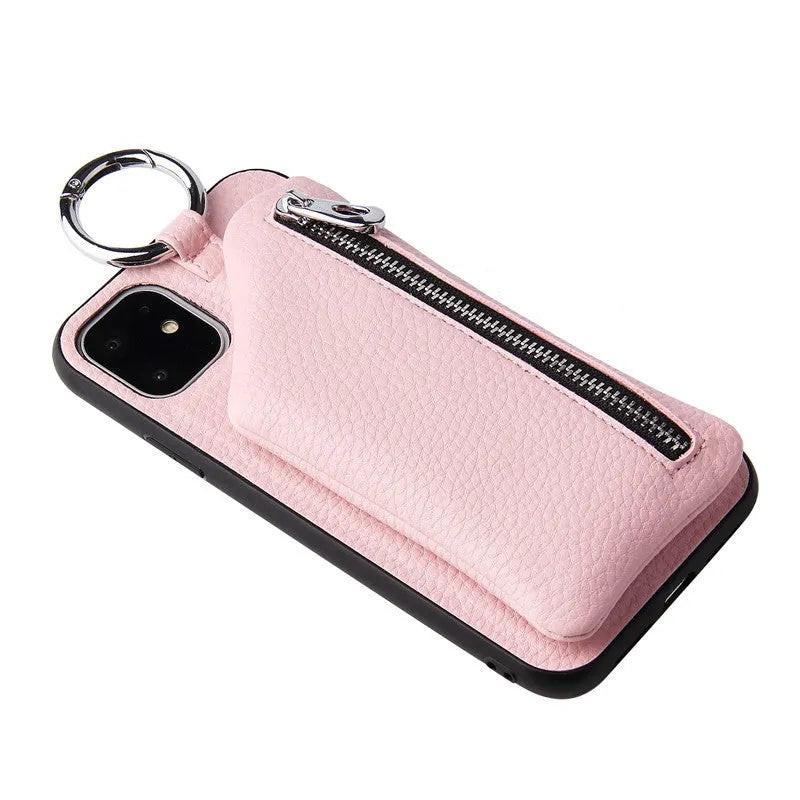 Pink PU leather phone case with crossbody lanyard and small coin purse wallet attached.