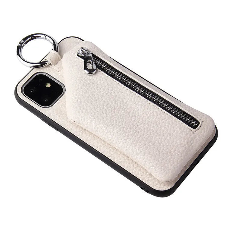 Pink PU leather phone case with crossbody lanyard and small coin purse wallet attached.