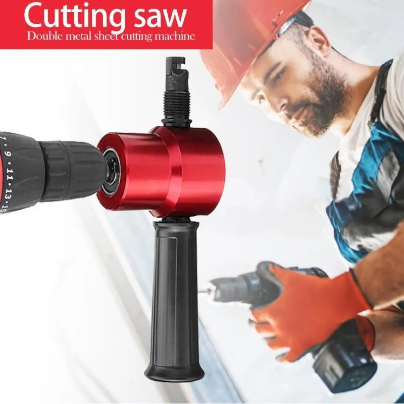 Red metal nibbler cutter attachment for electric drills used to cut sheet metal plates