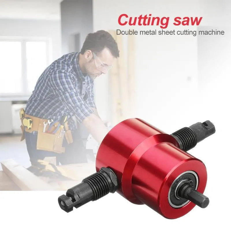 Red metal nibbler cutter attachment for electric drills used to cut sheet metal plates