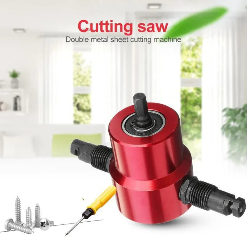 Red metal nibbler cutter attachment for electric drills used to cut sheet metal plates