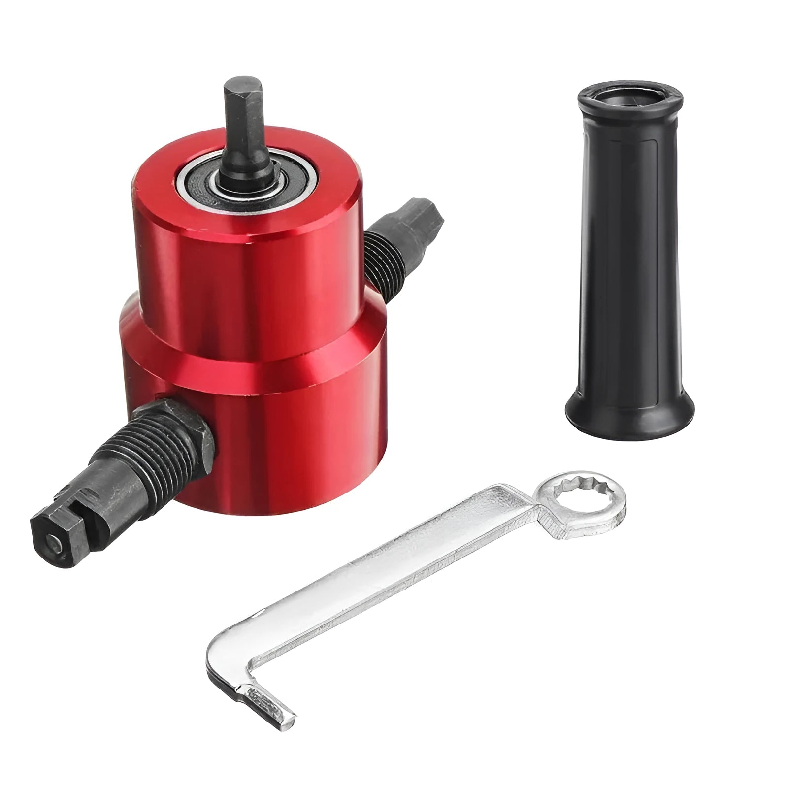 Red metal nibbler cutter attachment for electric drills used to cut sheet metal plates