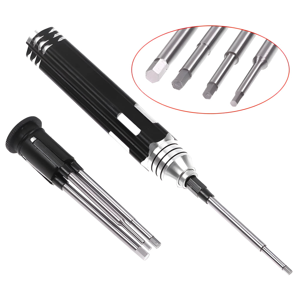 Black four-in-one hexagon socket screwdriver set with aluminium handle and four carbon steel blades