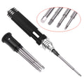 Black four-in-one hexagon socket screwdriver set with aluminium handle and four carbon steel blades