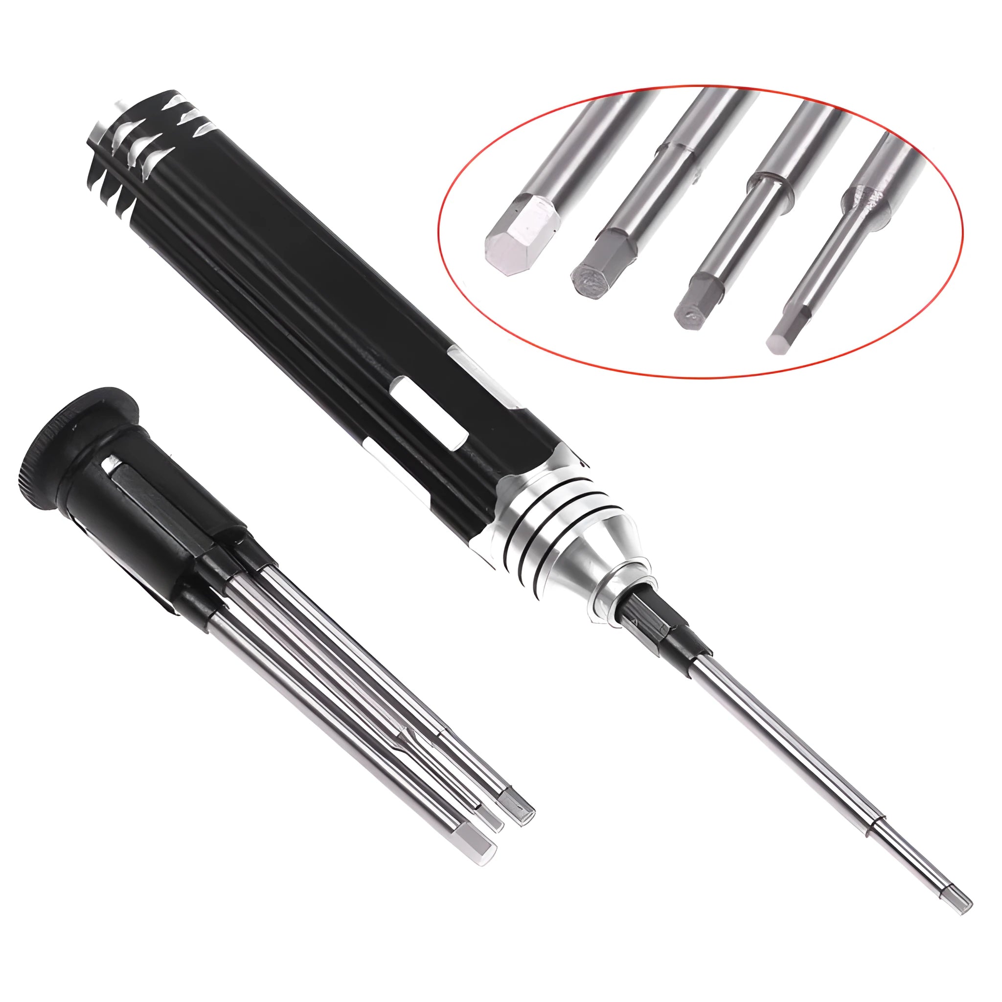Black four-in-one hexagon socket screwdriver set with aluminium handle and four carbon steel blades