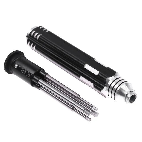 Black four-in-one hexagon socket screwdriver set with aluminium handle and four carbon steel blades