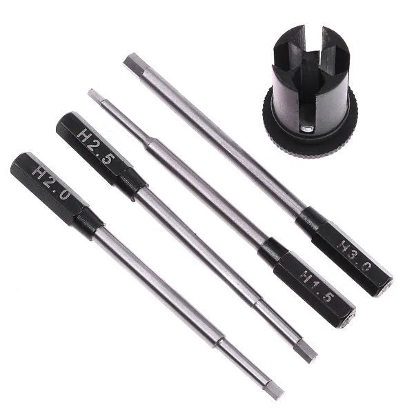 Black four-in-one hexagon socket screwdriver set with aluminium handle and four carbon steel blades