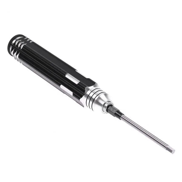 Black four-in-one hexagon socket screwdriver set with aluminium handle and four carbon steel blades