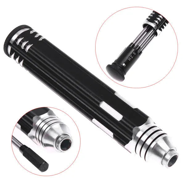 Black four-in-one hexagon socket screwdriver set with aluminium handle and four carbon steel blades