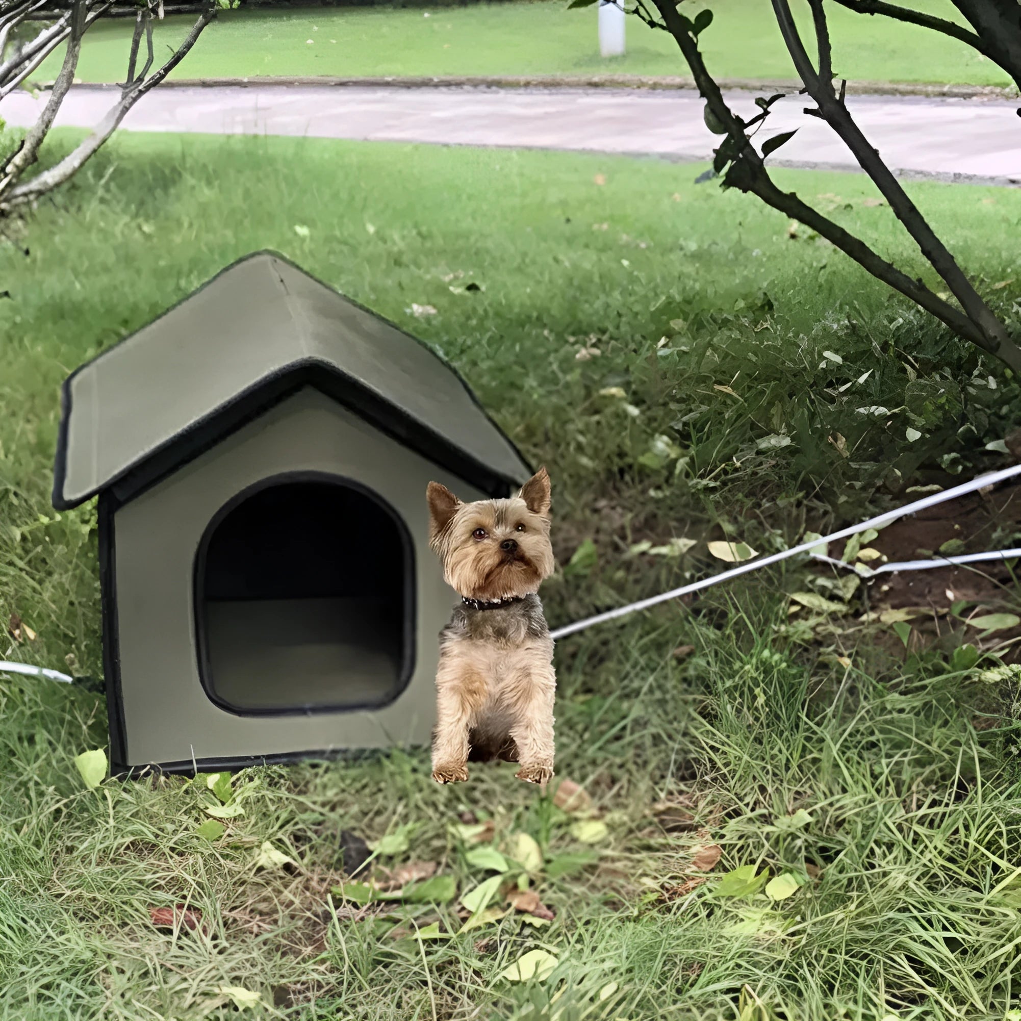 Grey composite EVA waterproof pet house for dogs or cats, medium size, folded exterior