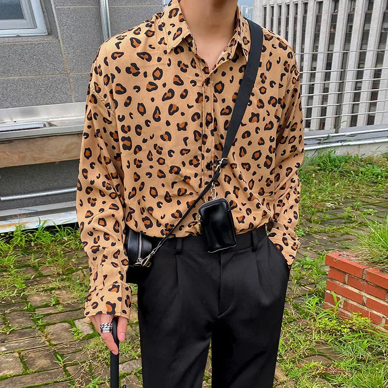 Men's Leopard Print Long Sleeve Shirt Cotton Yarn-Dyed Fabric Square Collar Regular Loose Fit Casual Button-Down Youth Style Spring Shirt with Size Chart Asian Sizing M-2XL