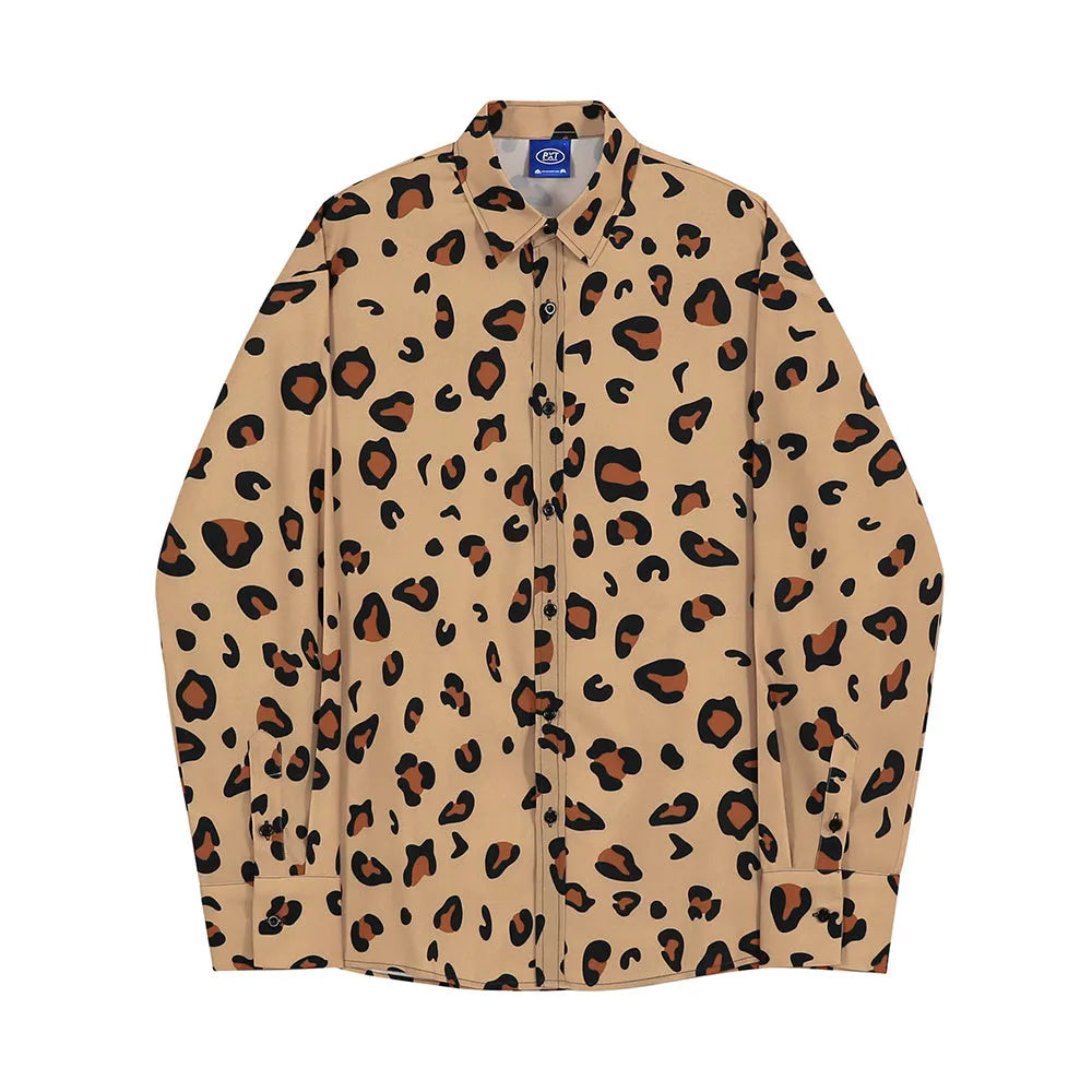 Men's Leopard Print Long Sleeve Shirt Cotton Yarn-Dyed Fabric Square Collar Regular Loose Fit Casual Button-Down Youth Style Spring Shirt with Size Chart Asian Sizing M-2XL