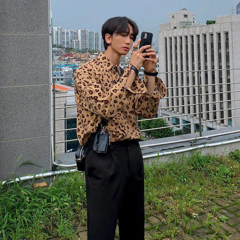 Men's Leopard Print Long Sleeve Shirt Cotton Yarn-Dyed Fabric Square Collar Regular Loose Fit Casual Button-Down Youth Style Spring Shirt with Size Chart Asian Sizing M-2XL
