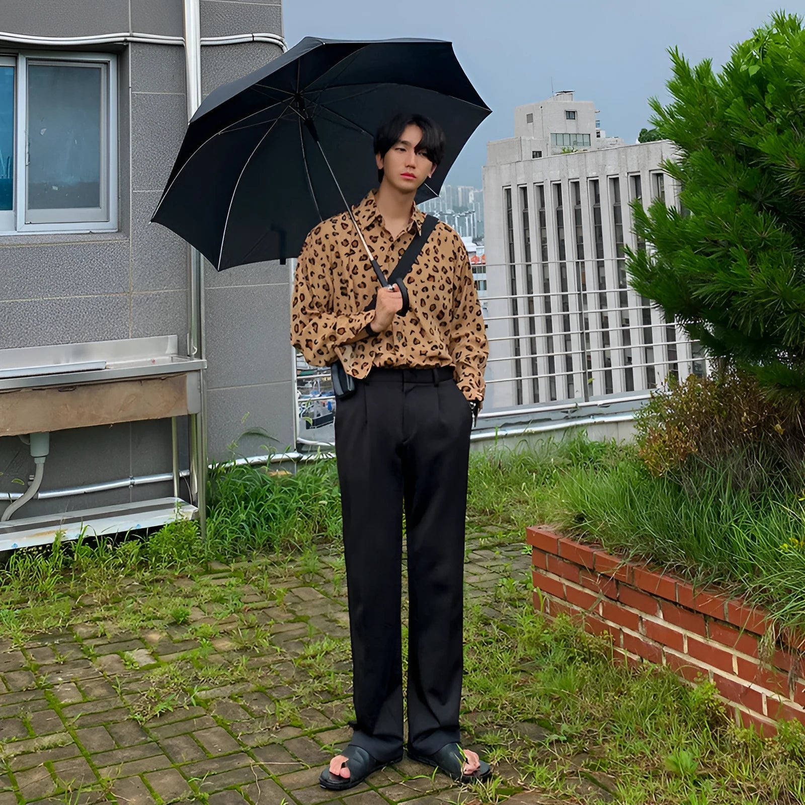 Men's Leopard Print Long Sleeve Shirt Cotton Yarn-Dyed Fabric Square Collar Regular Loose Fit Casual Button-Down Youth Style Spring Shirt with Size Chart Asian Sizing M-2XL