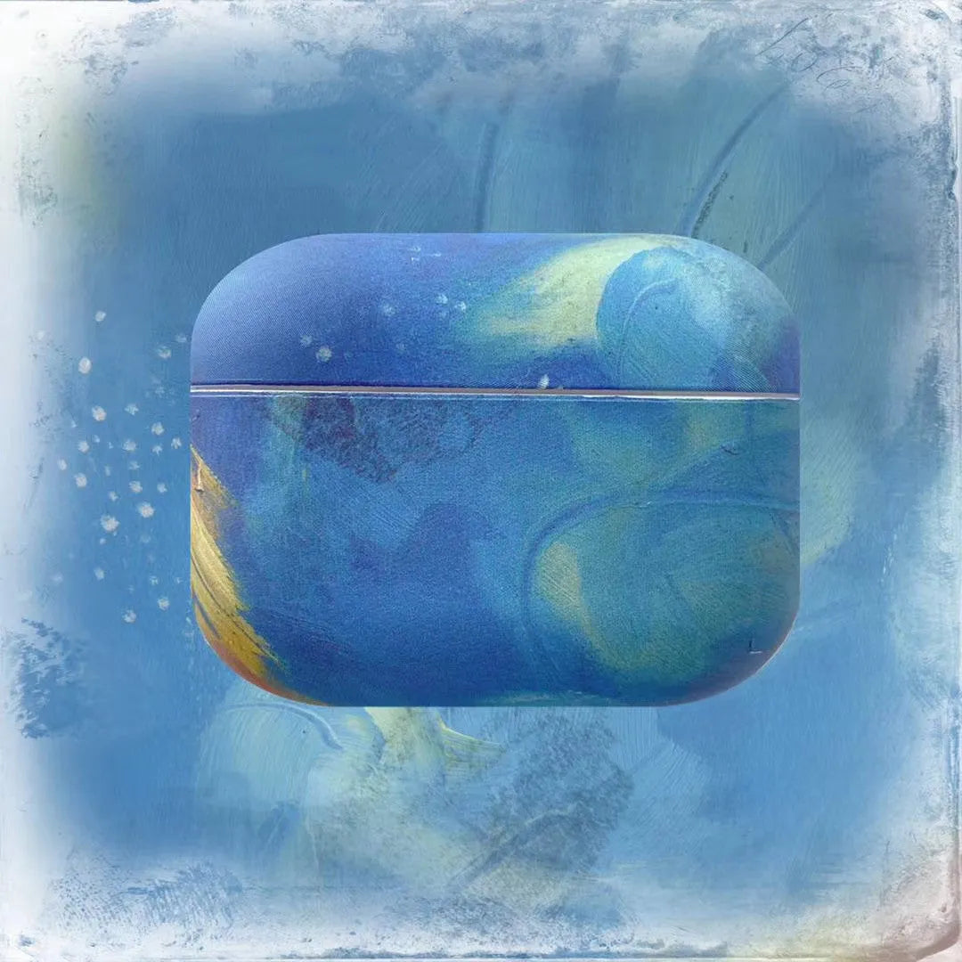 Hard plastic protective case for AirPods with pink and blue watercolour design.
