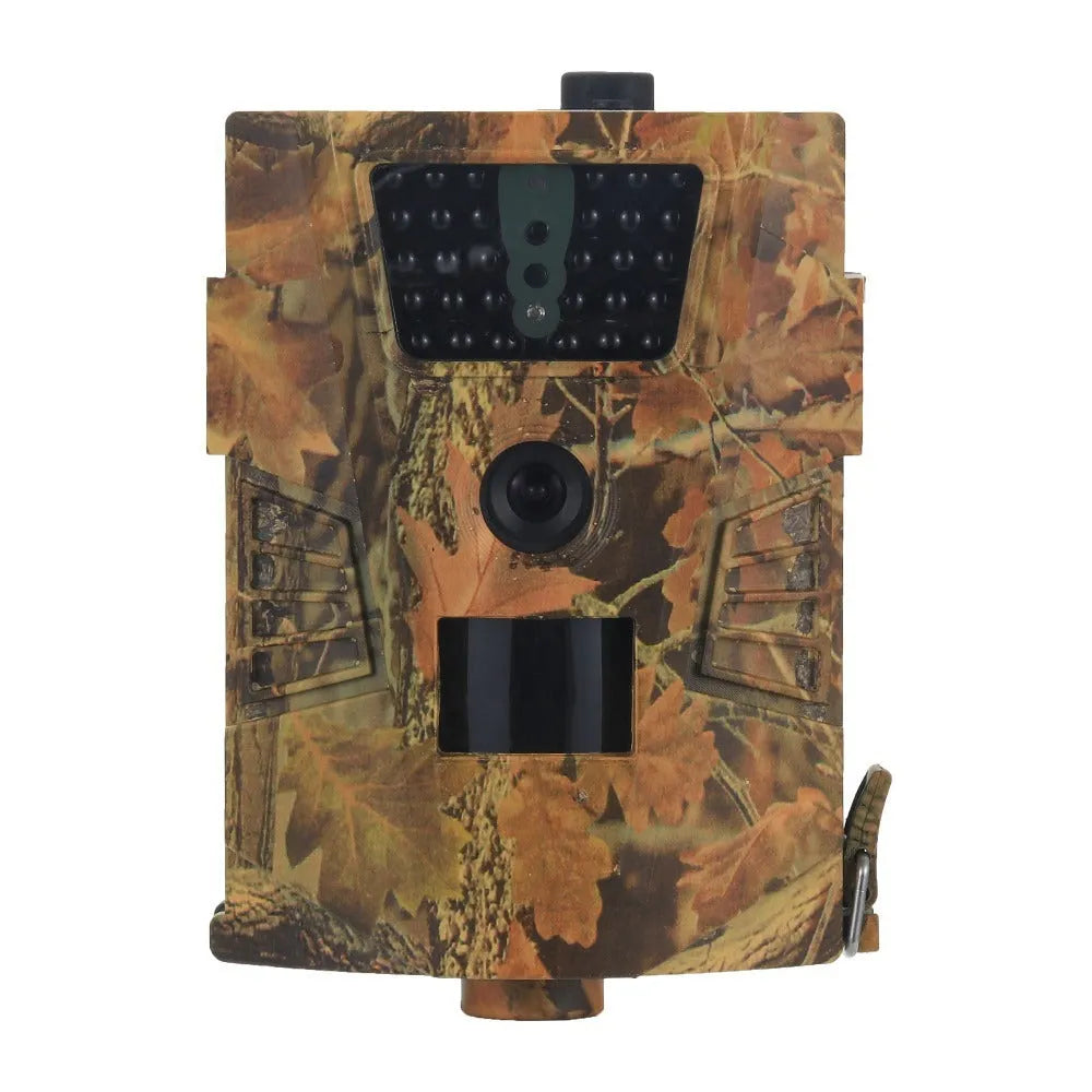 Orchard surveillance camera with belt mount showing front lens and infrared LEDs