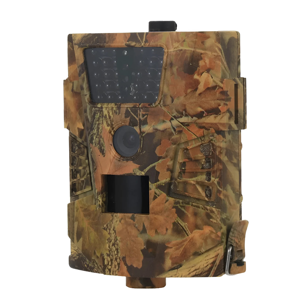 Orchard surveillance camera with belt mount showing front lens and infrared LEDs