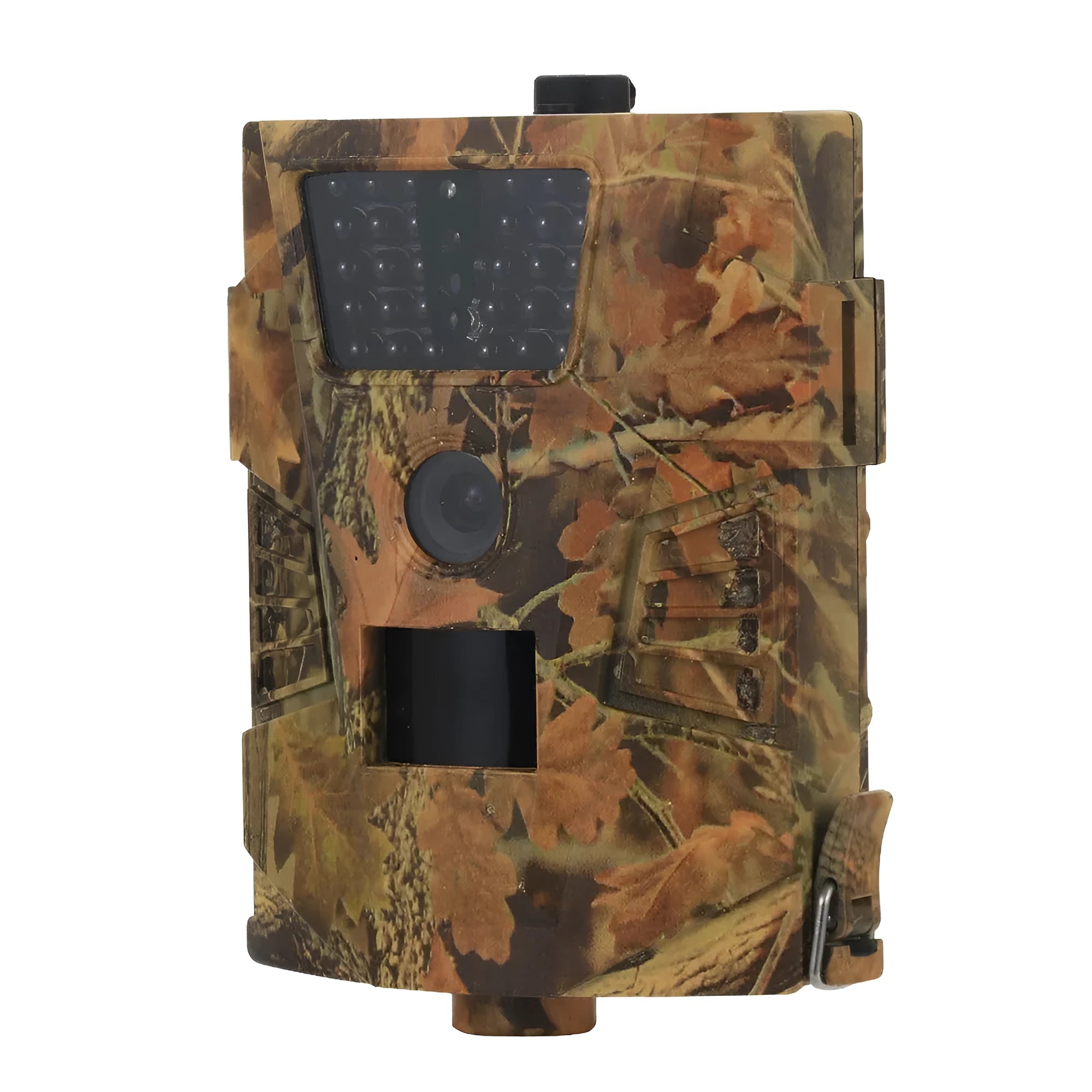 Orchard surveillance camera with belt mount showing front lens and infrared LEDs