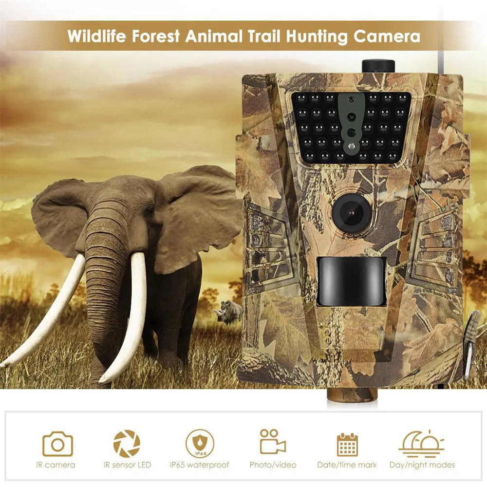 Orchard surveillance camera with belt mount showing front lens and infrared LEDs