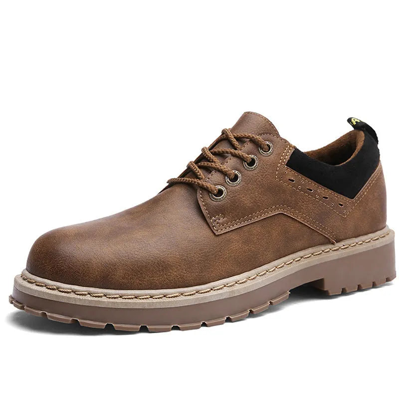 Men's brown casual shoes with round toe and front lace closure showing rubber sole detail