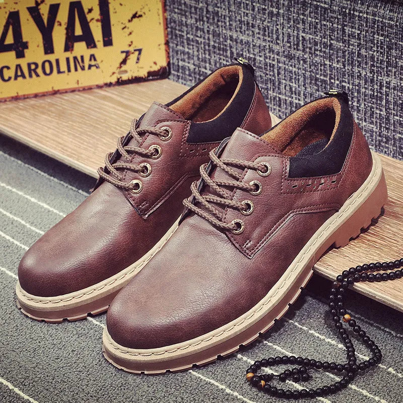 Men's brown casual shoes with round toe and front lace closure showing rubber sole detail