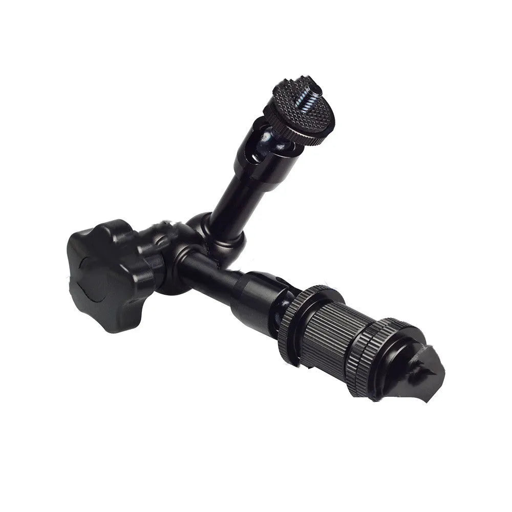 Black metal 7-inch magic friction articulating arm for DSLR camera with hot shoe mount.