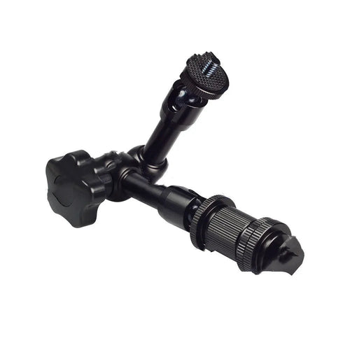 Black metal 7-inch magic friction articulating arm for DSLR camera with hot shoe mount.