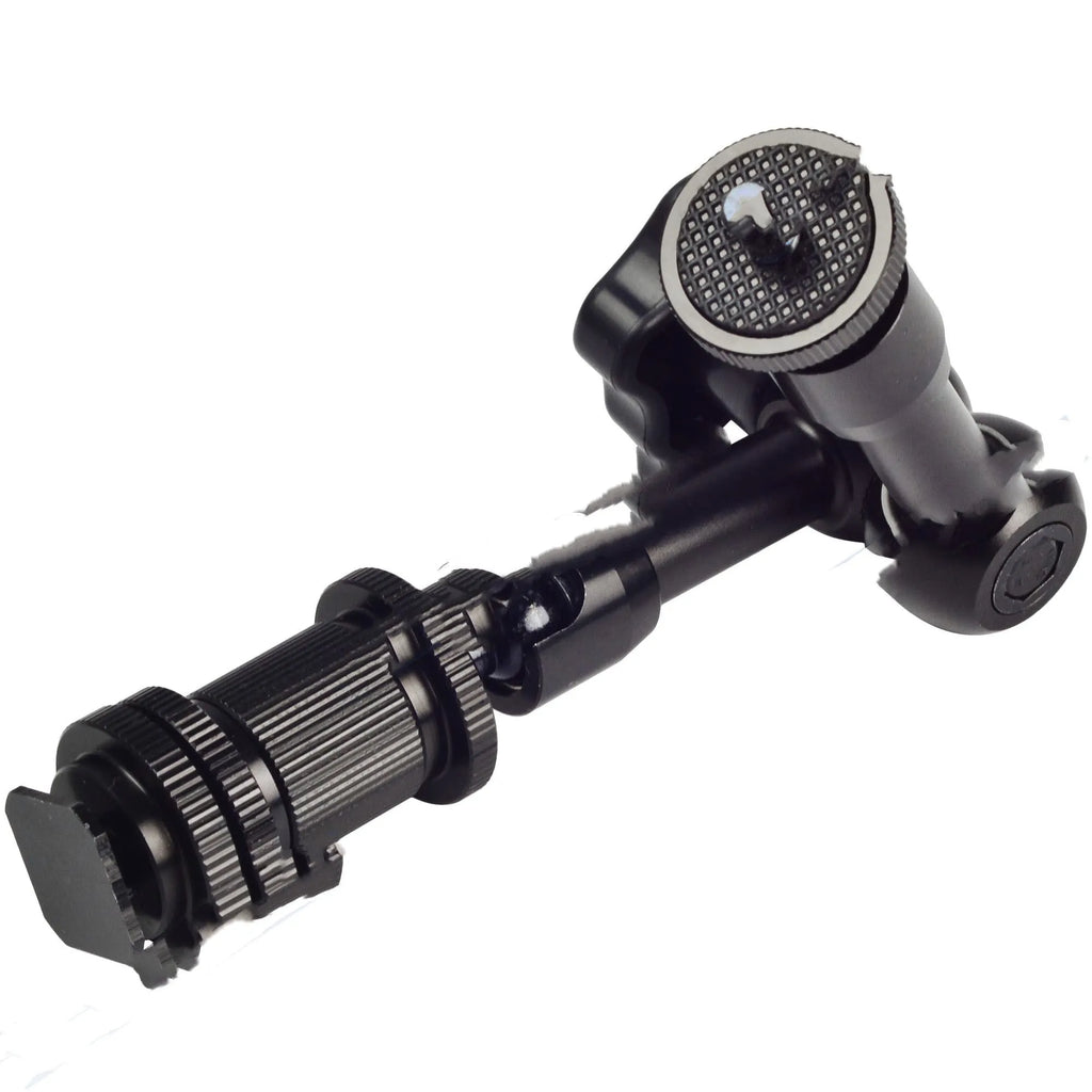 Black metal 7-inch magic friction articulating arm for DSLR camera with hot shoe mount.