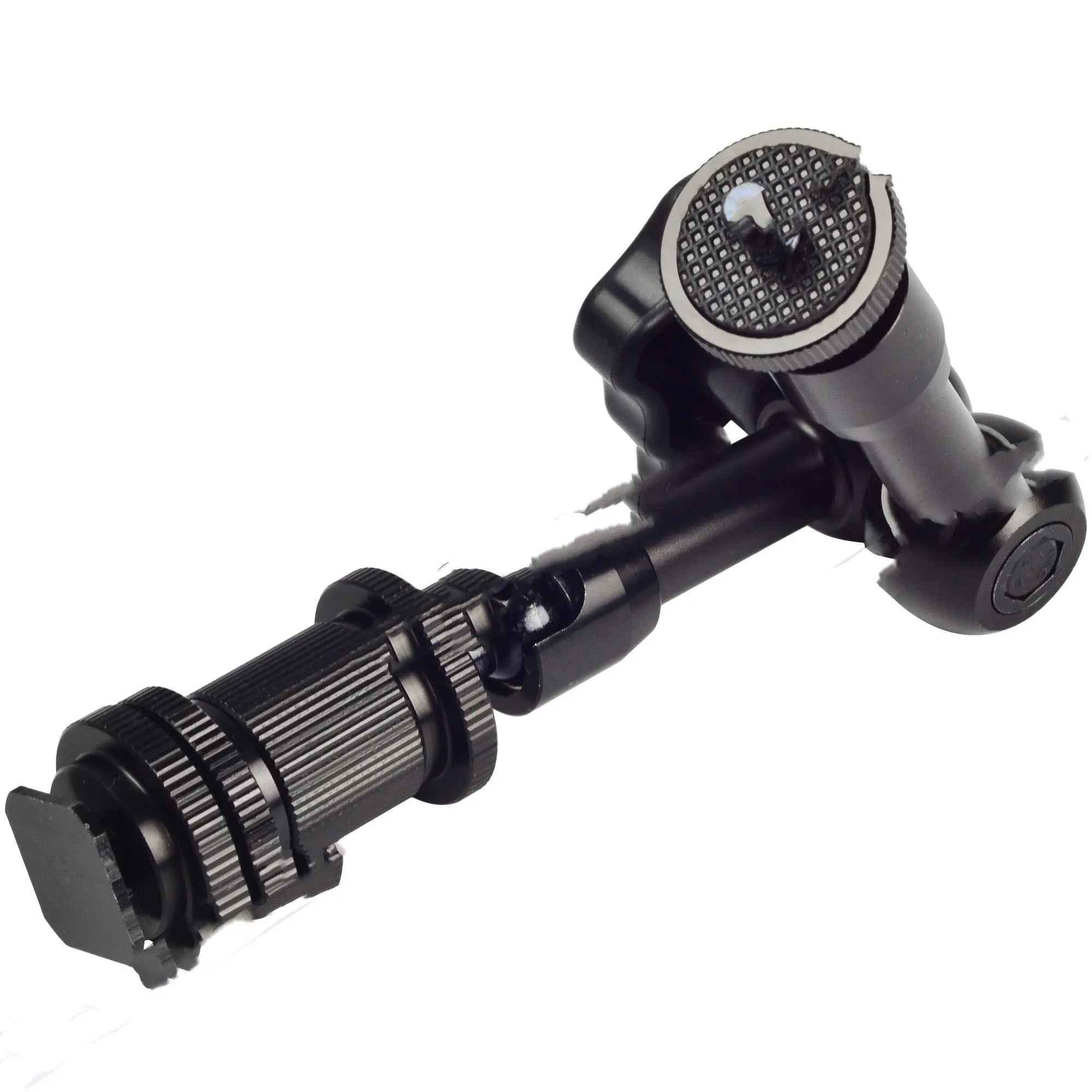 Black metal 7-inch magic friction articulating arm for DSLR camera with hot shoe mount.