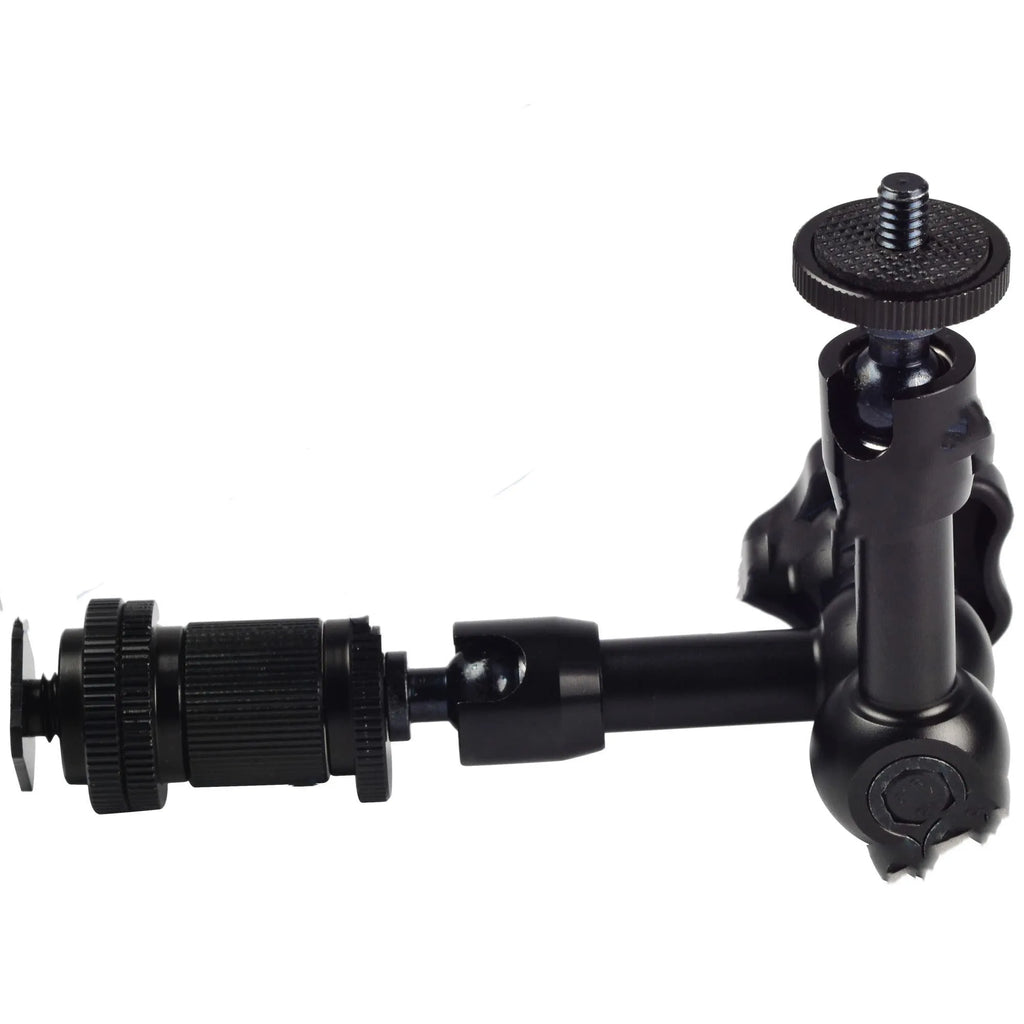 Black metal 7-inch magic friction articulating arm for DSLR camera with hot shoe mount.
