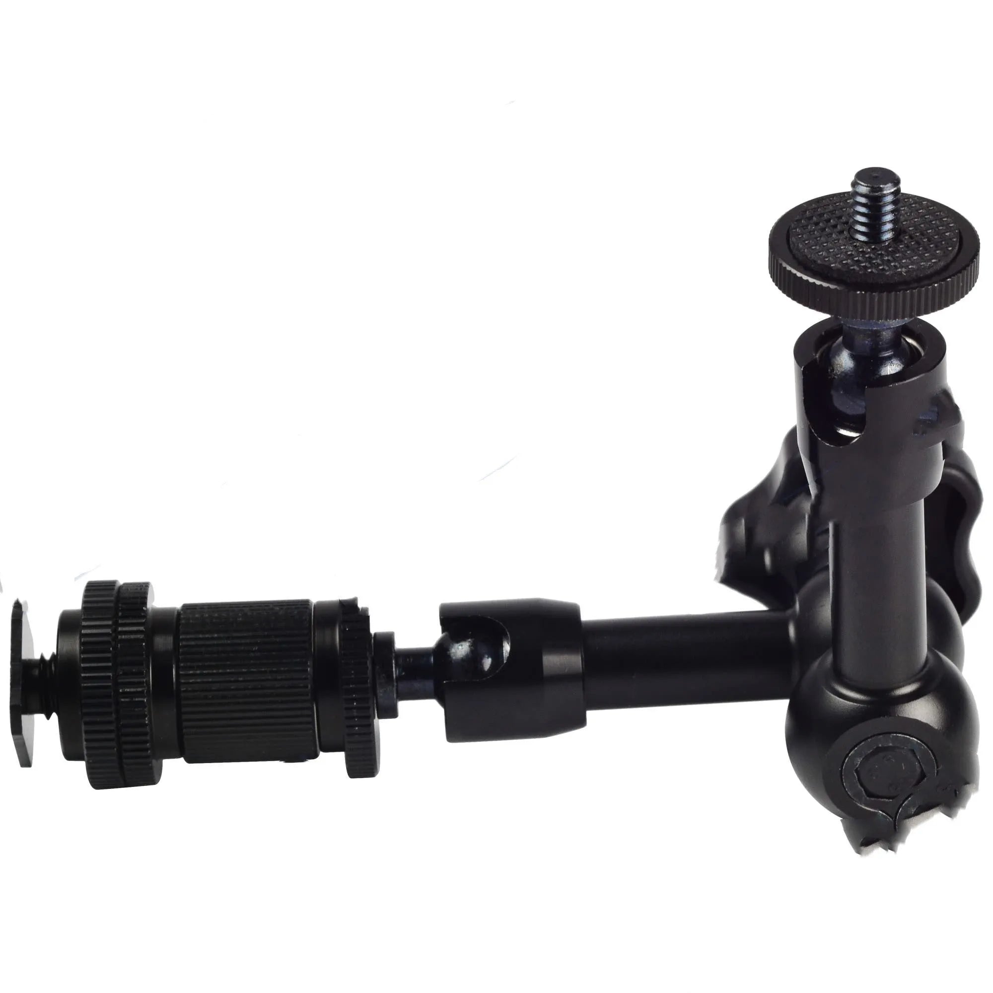 Black metal 7-inch magic friction articulating arm for DSLR camera with hot shoe mount.