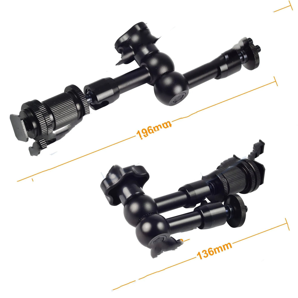 Black metal 7-inch magic friction articulating arm for DSLR camera with hot shoe mount.