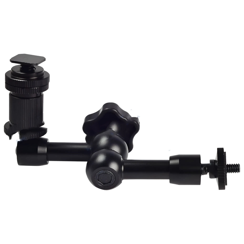 Black metal 7-inch magic friction articulating arm for DSLR camera with hot shoe mount.