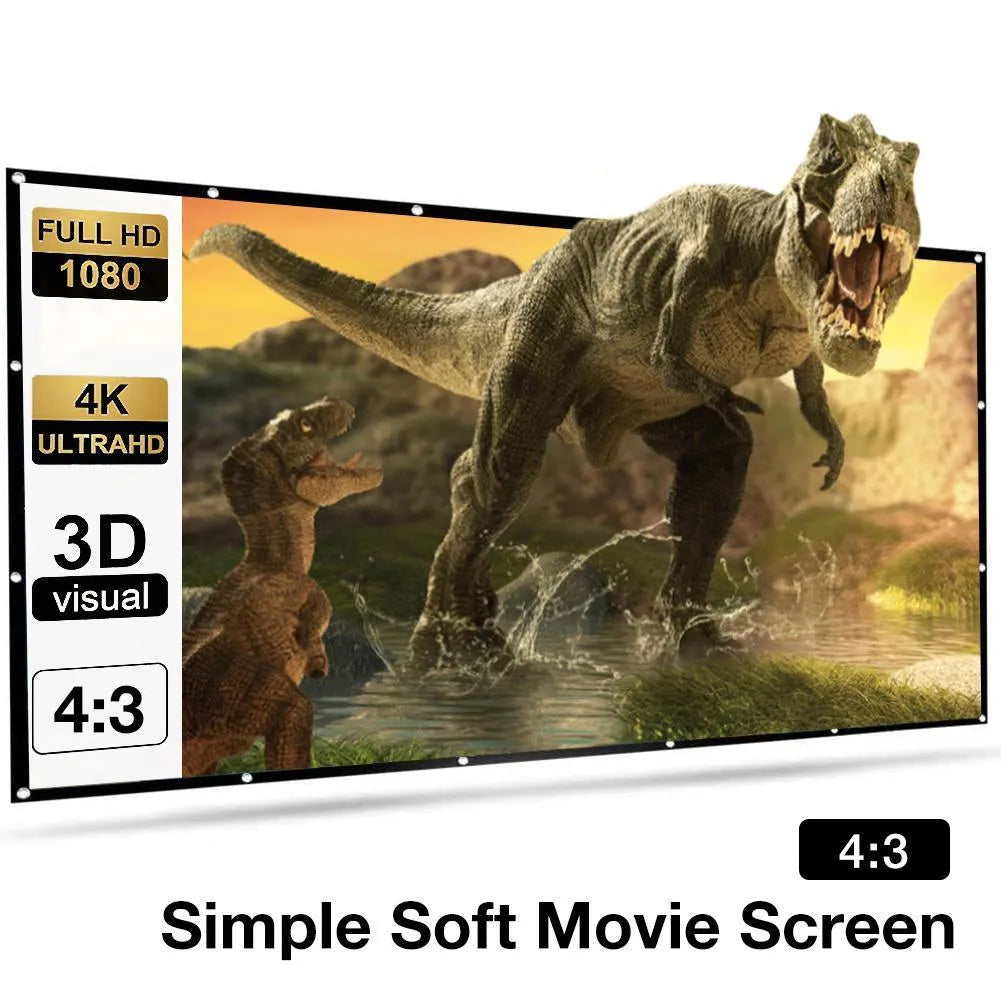 White foldable 150-inch projector screen with 4:3 aspect ratio for presentations and home cinema