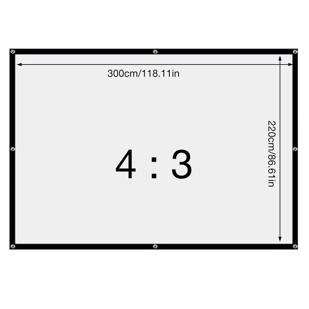 White foldable 150-inch projector screen with 4:3 aspect ratio for presentations and home cinema