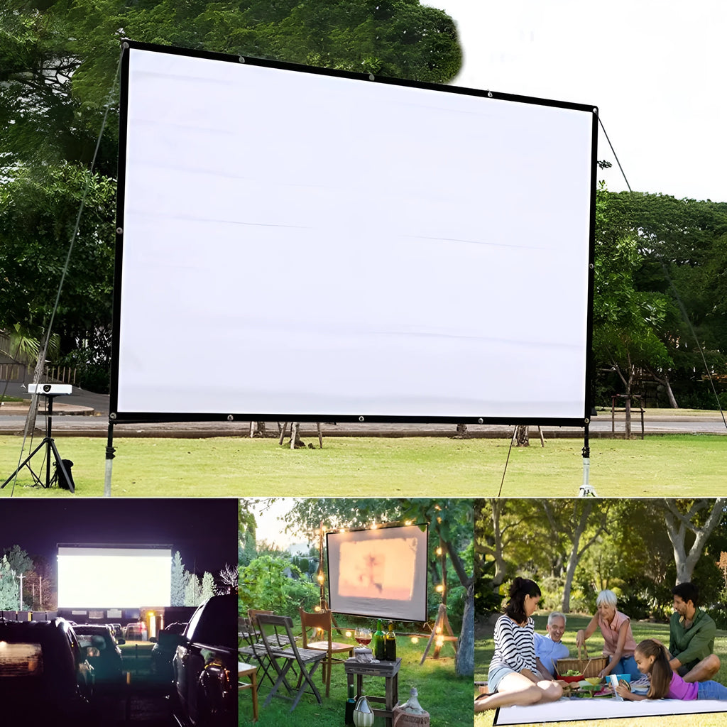 White foldable 150-inch projector screen with 4:3 aspect ratio for presentations and home cinema