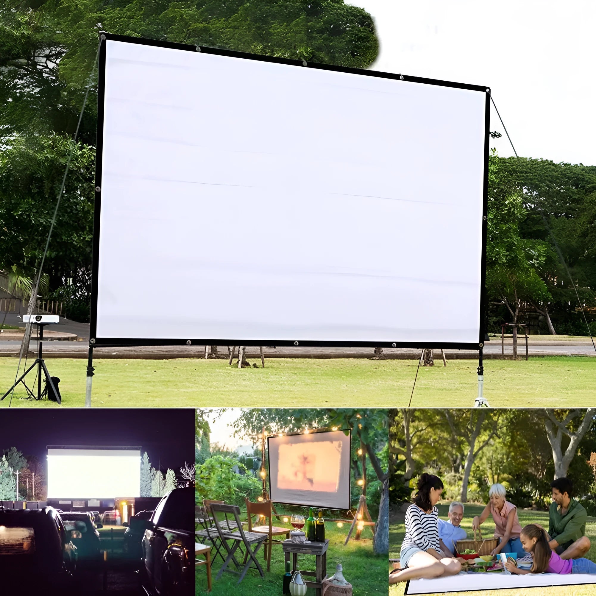 White foldable 150-inch projector screen with 4:3 aspect ratio for presentations and home cinema
