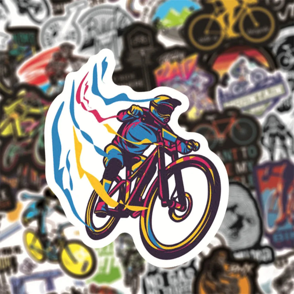 Set of 50 bicycle-themed stickers with mountain bike and cross-country designs for notebook and gear customisation
