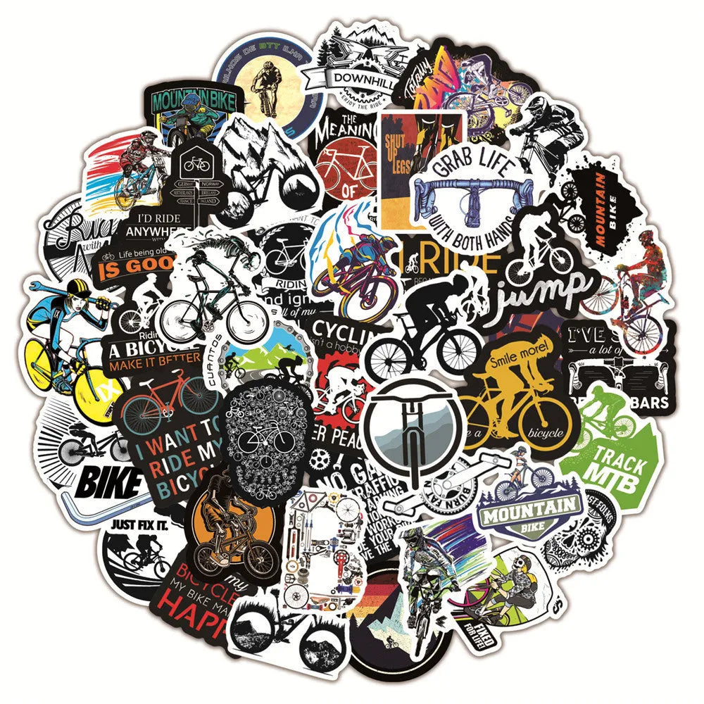 Set of 50 bicycle-themed stickers with mountain bike and cross-country designs for notebook and gear customisation