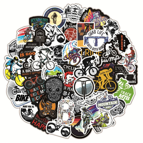Set of 50 bicycle-themed stickers with mountain bike and cross-country designs for notebook and gear customisation