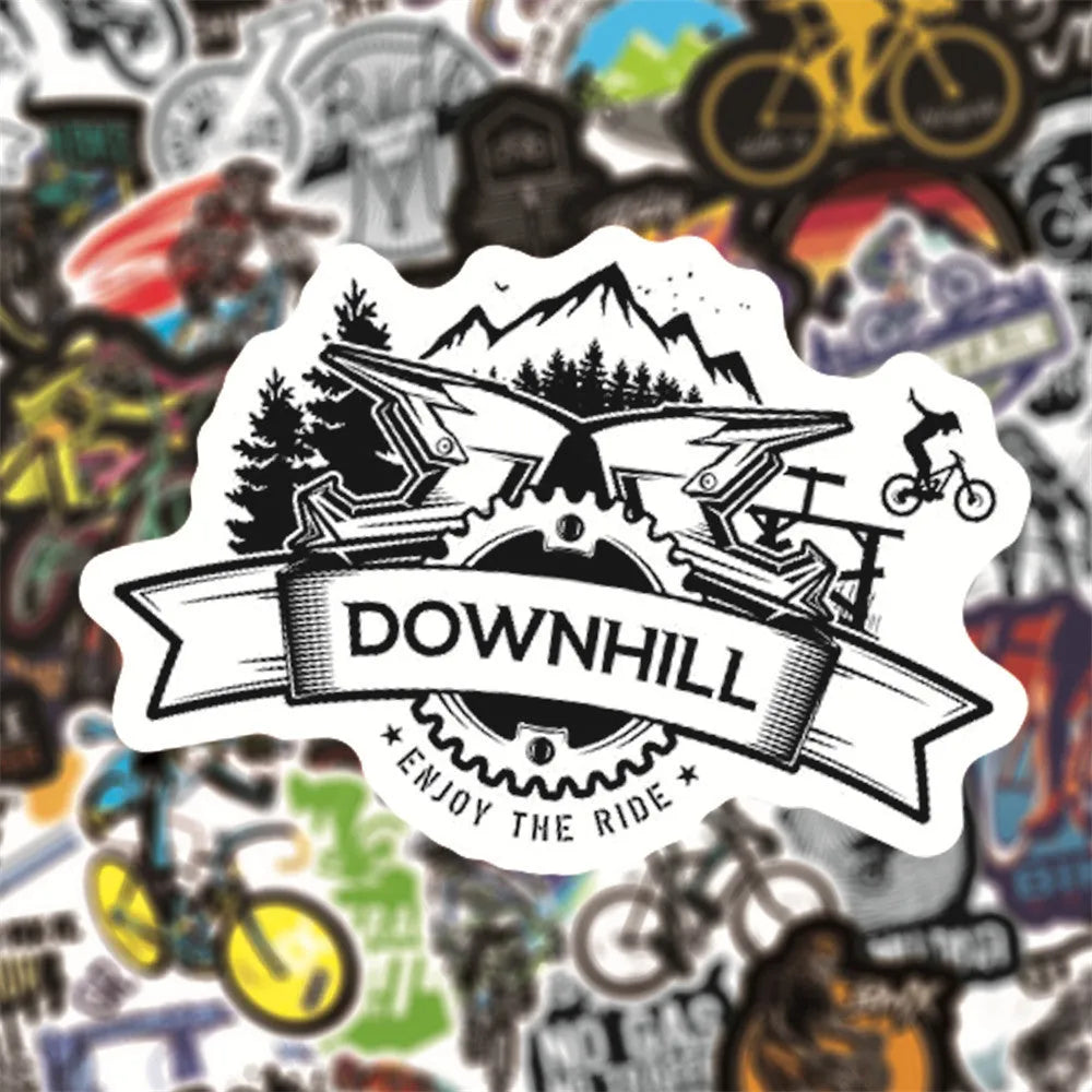 Set of 50 bicycle-themed stickers with mountain bike and cross-country designs for notebook and gear customisation