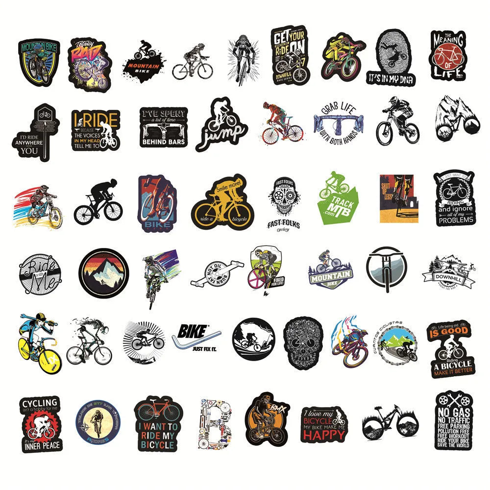 Set of 50 bicycle-themed stickers with mountain bike and cross-country designs for notebook and gear customisation