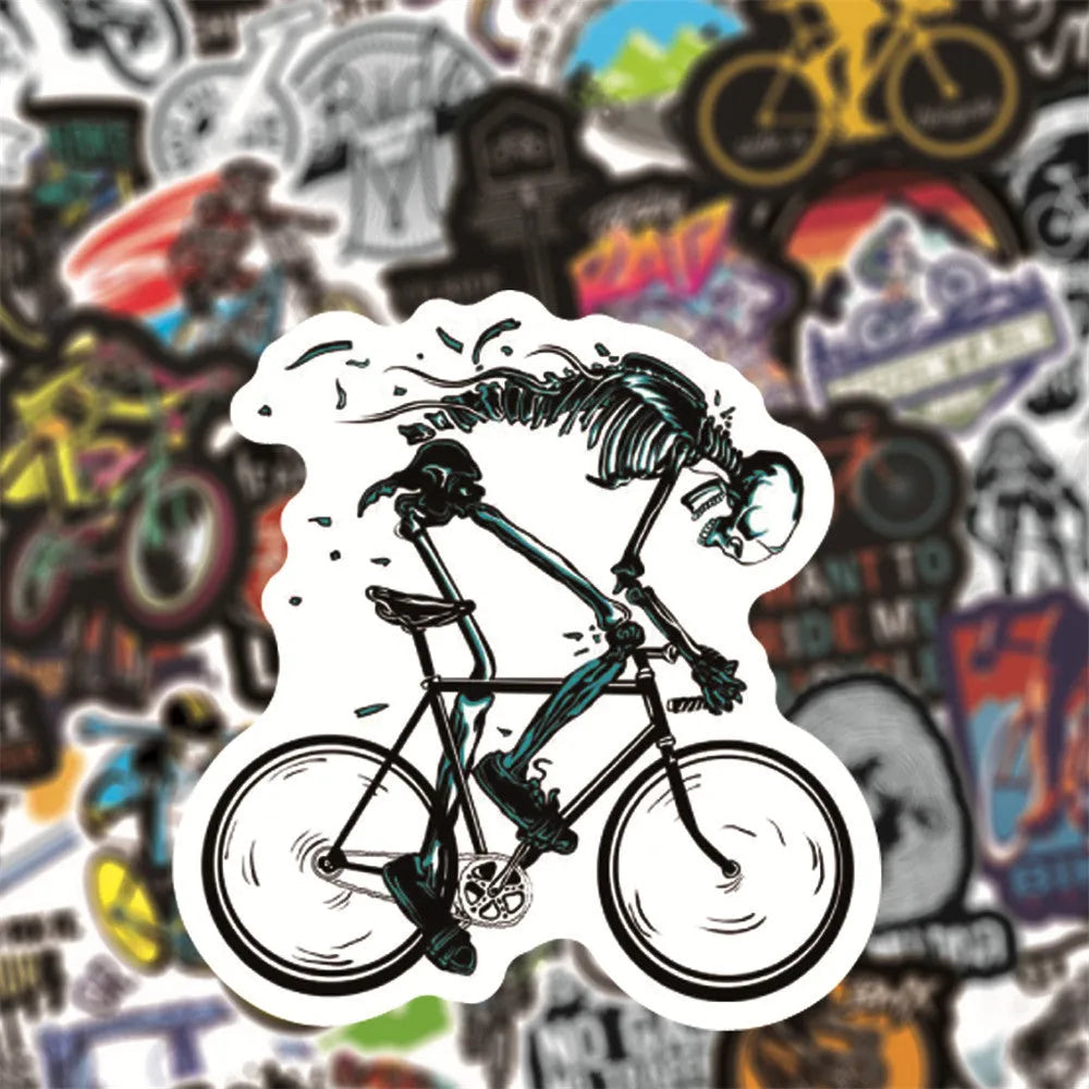 Set of 50 bicycle-themed stickers with mountain bike and cross-country designs for notebook and gear customisation