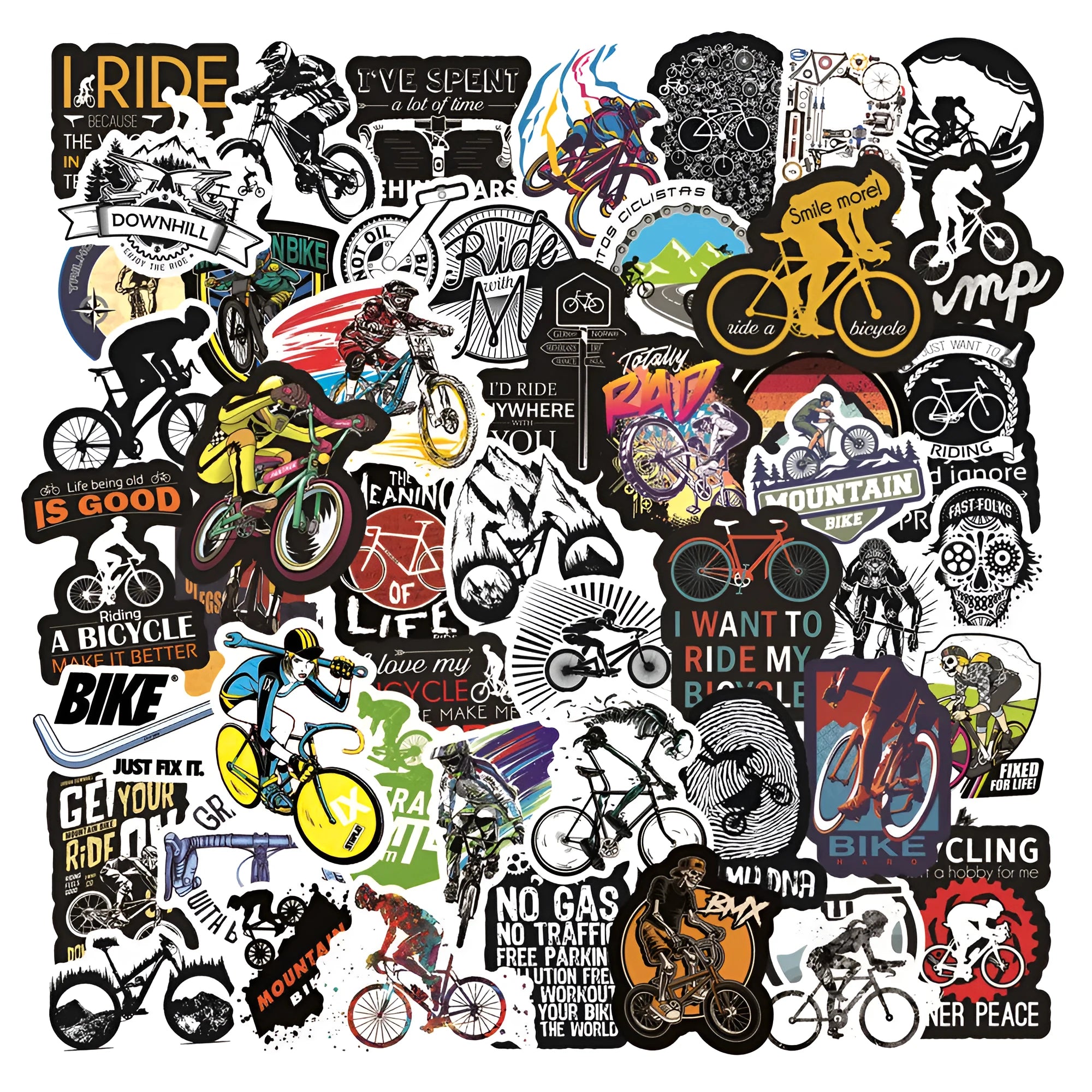 Set of 50 bicycle-themed stickers with mountain bike and cross-country designs for notebook and gear customisation