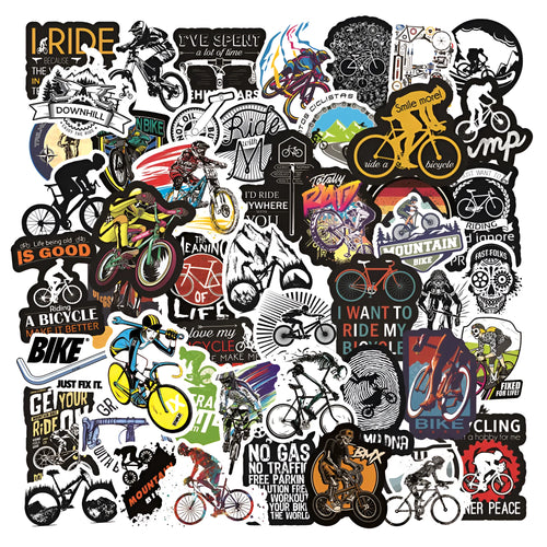 Set of 50 bicycle-themed stickers with mountain bike and cross-country designs for notebook and gear customisation