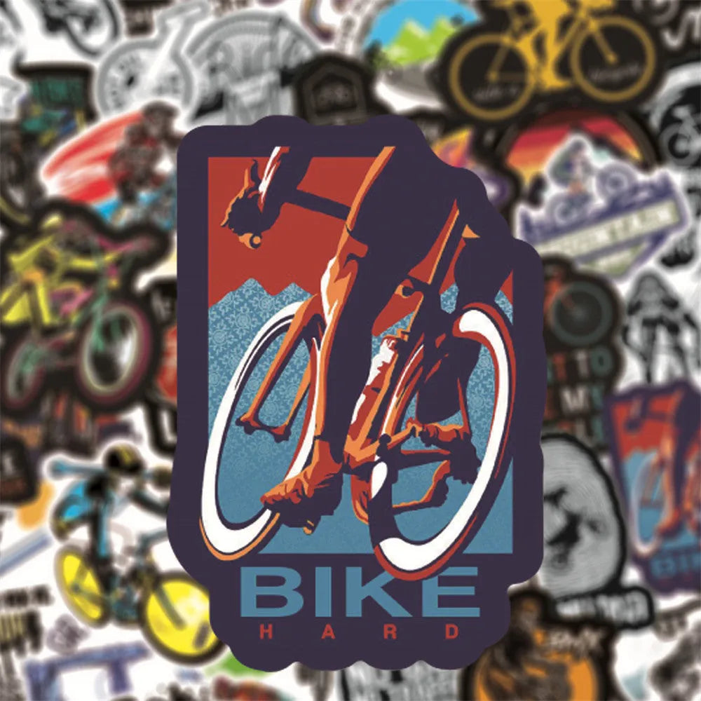 Set of 50 bicycle-themed stickers with mountain bike and cross-country designs for notebook and gear customisation