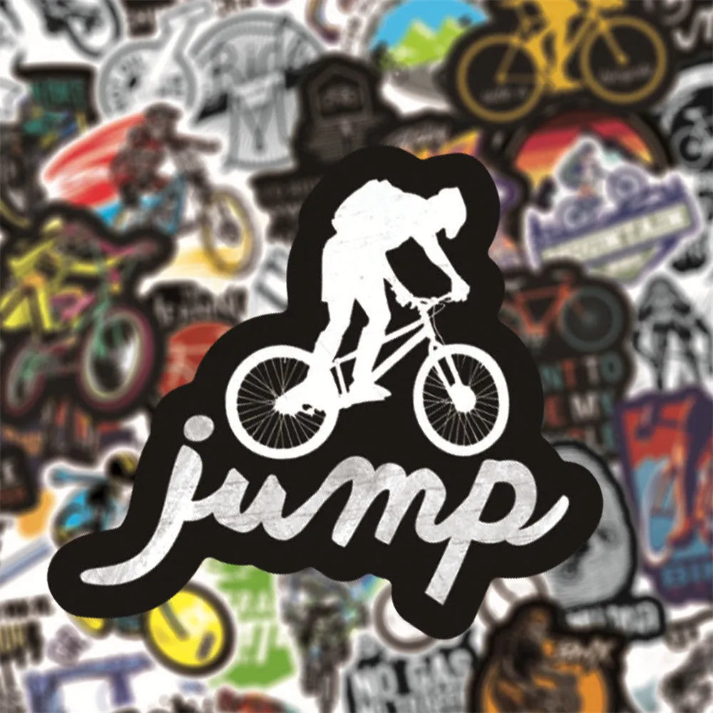 Set of 50 bicycle-themed stickers with mountain bike and cross-country designs for notebook and gear customisation