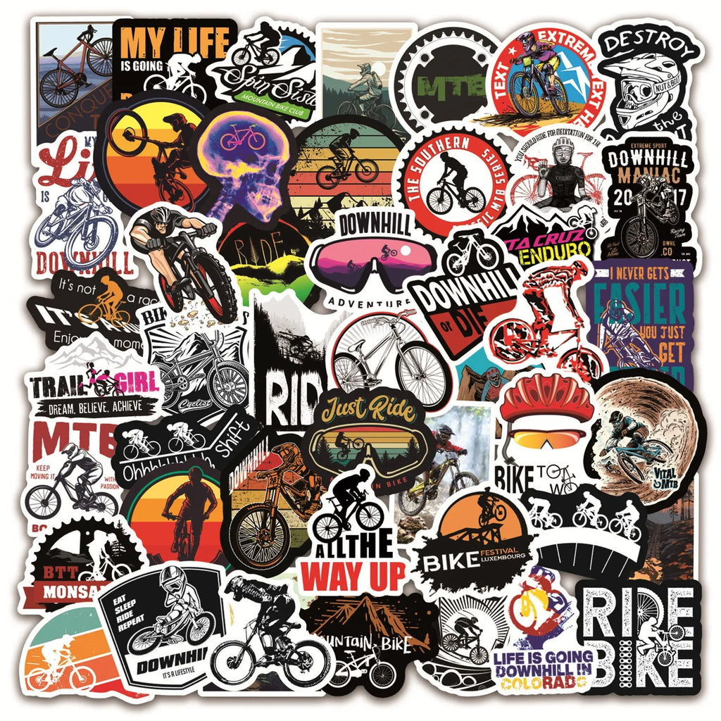 Set of 50 bicycle-themed stickers with mountain bike and cross-country designs for notebook and gear customisation