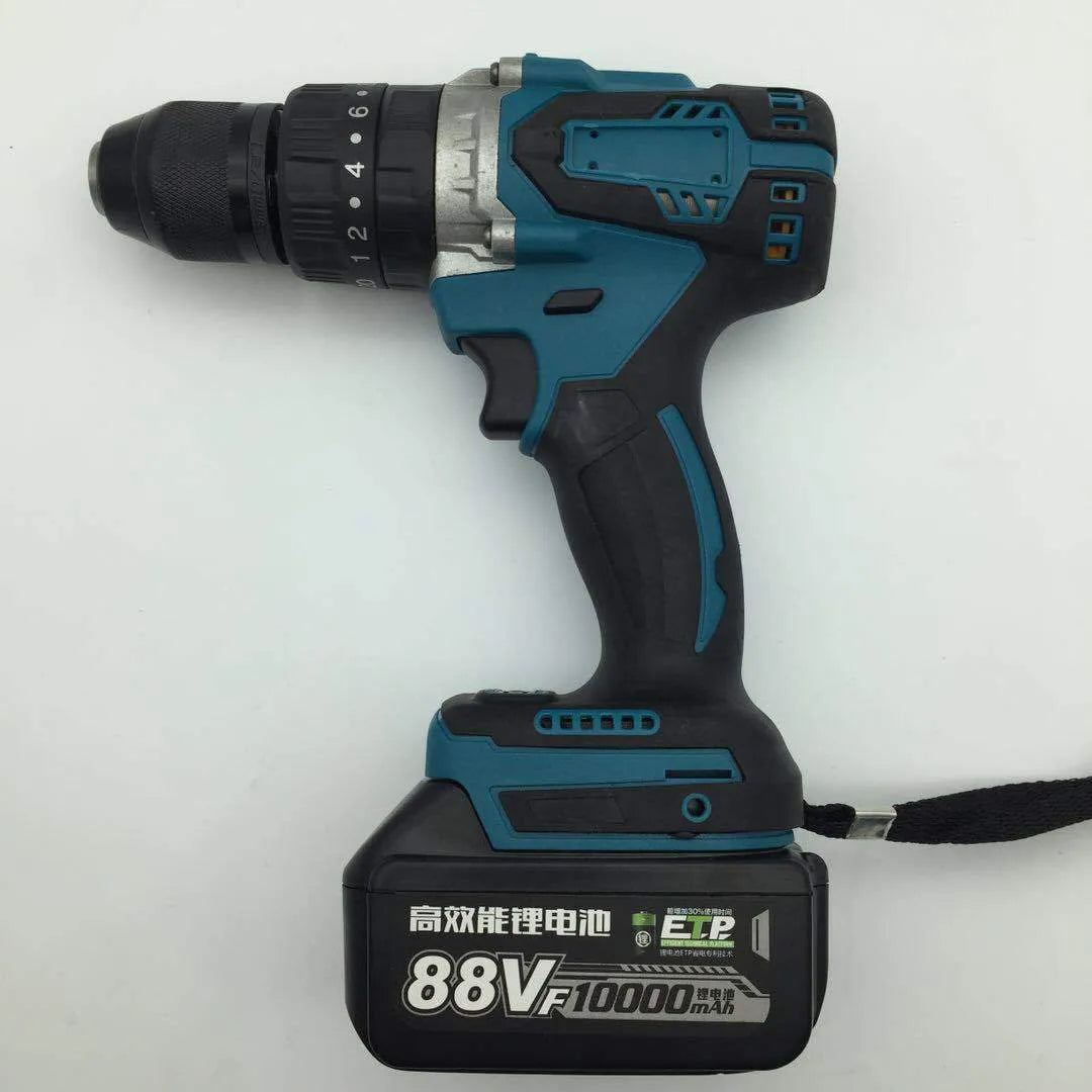 21V lithium battery cordless impact drill and screwdriver with 13mm chuck on a workbench.
