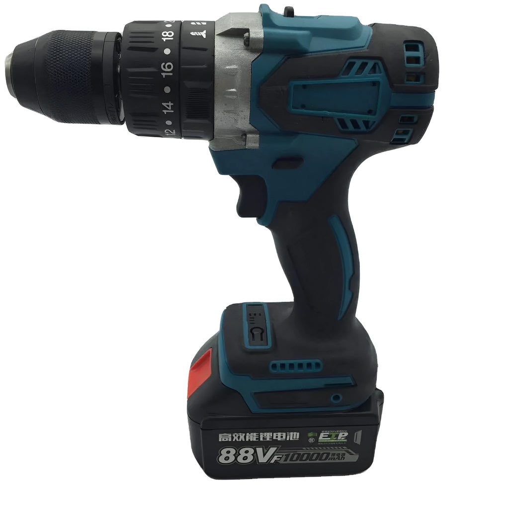21V lithium battery cordless impact drill and screwdriver with 13mm chuck on a workbench.